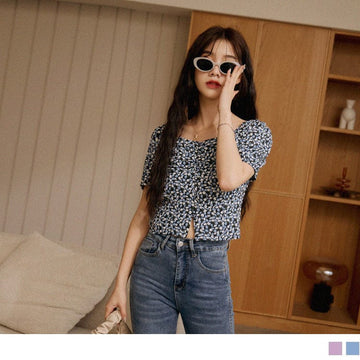 ELEGANT FLORAL PRINTED SWEETHEART COLLAR TOPS