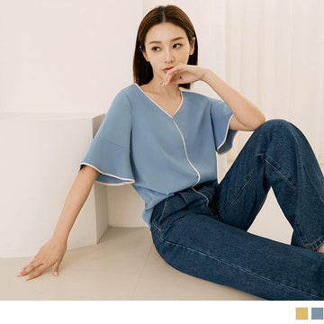 V-NECK CHIFFON RUFFLE SLEEVE PLAIN TOPS