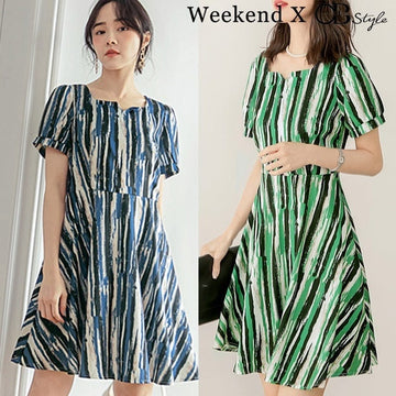CONTRAST COLOR PRINTED A-LINE PUFF SLEEVE MIDI DRESS