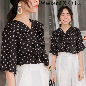 WEEKEND X OB DESIGN POLKA DOTS V-NECK CHIFFON BLOUSE SHIRT TOPS