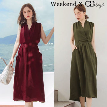 WEEKEND X OB DESIGN V NECK SLEEVELESS WRAP MAXI DRESS