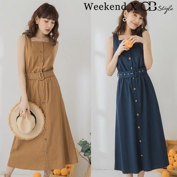 WEEKEND X OB DESIGN SLEEVELESS BUTTON DOWN BELT A-LINE LONG MAXI DRESS