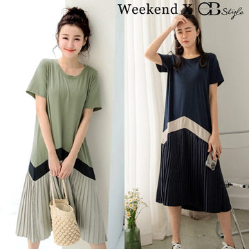 WEEKEND X OB DESIGN COLOR BLOCK A-LINE PLEATED LONG MAXI MIDI DRESS
