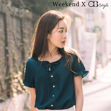 WEEKEND X OB DESIGN BOW TIE RUFFLE BUTTONED BLOUSE SHIRT TOPS