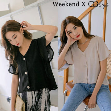WEEKEND X OB DESIGN RUFFLE BUTTON LOOSE BLOUSE SHIRT TOPS