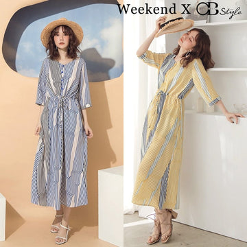 WEEKEND X OB DESIGN DRAWSTRING WAIST STRIPE MAXI DRESS