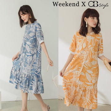WEEKEND X OB DESIGN LEAF PRINT COTTON BUTTON DOWN SHIRT MIDI DRESS