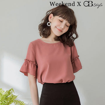 WEEKEND X OB DESIGN CHIFFON RUFFLE ROUND NECK BLOUSE SHIRT TOPS
