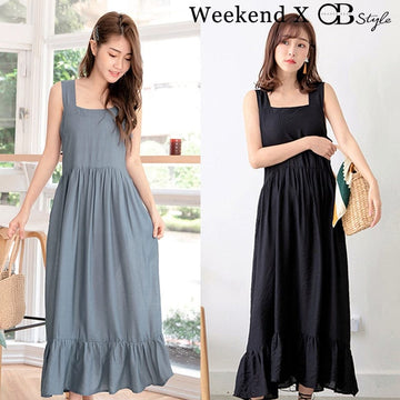 WEEKEND X OB DESIGN SQUARE NECK RUFFLE HEM LONG MAXI DRESS