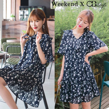 WEEKEND X OB DESIGN CASUAL WORK WOMEN SUMMER RUFFLE COLLAR FLORAL PRINT CHIFFON MIDI DRESS