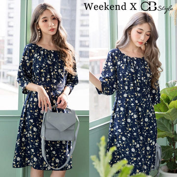 WEEKEND X OB DESIGN CASUAL WORK WOMEN SHORT SLEEVE ROUND NECK FLORAL PRINT MIDI DRESS