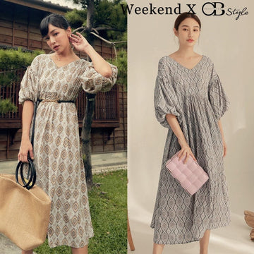 WEEKEND X OB DESIGN WOMEN CLOTHES PUFF SLEEVE V-NECK TOTEM PRINT LONG MAXI MUSLIM DRESS