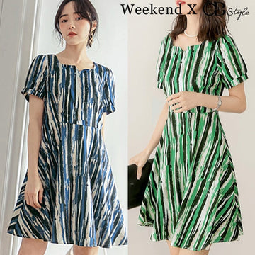 WEEKEND X OB DESIGN CONTRAST COLOR PRINTED PUFF SLEEVE DRESS