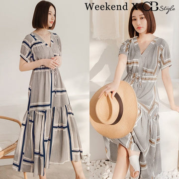 WEEKEND X OB DESIGN GEOMETRY V-NECK LONG MAXI TIERED DRESS