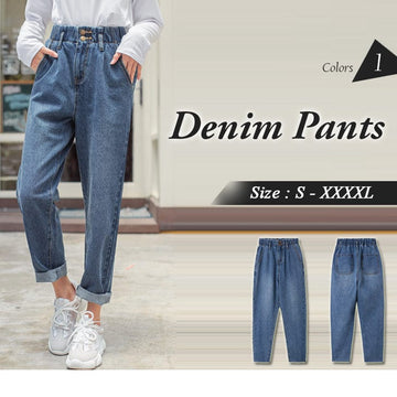 ORANGEBEAR ELASTIC WAIST BUCKLE DENIM STRAIGHT PANTS