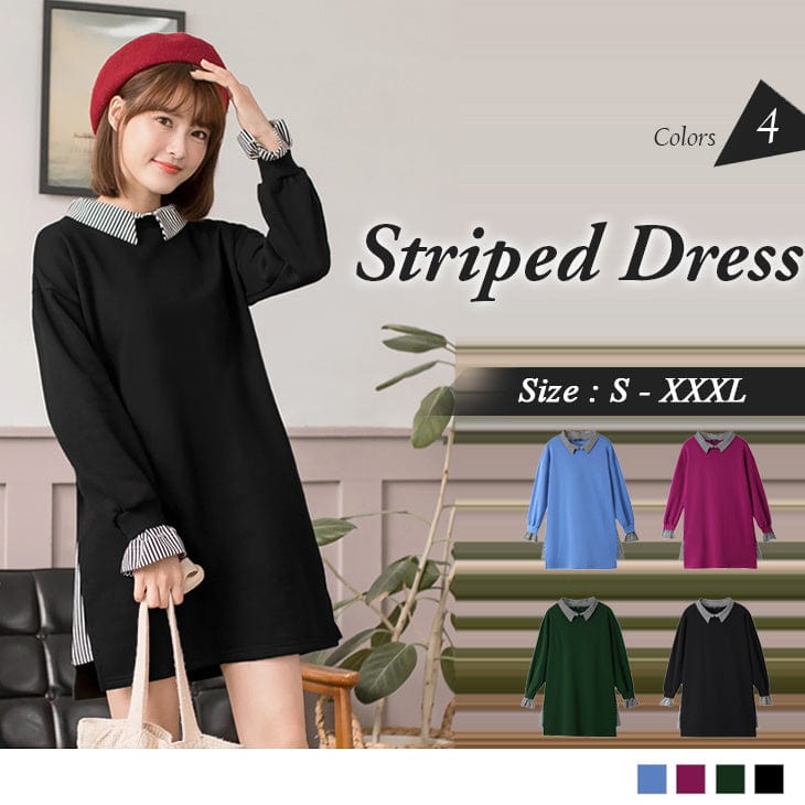 ORANGEBEAR LONG SLEEVE STRIPED SPLICE DRESS