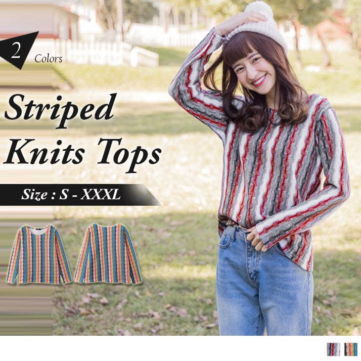 ORANGEBEAR LONG SLEEVE STRIPED KNITS TOPS