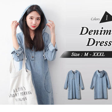 ORANGEBEAR LONG SLEEVE DRAWSTRING HOODED DENIM DRESS