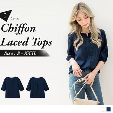 3/4 SLEEVE LACED SPLICE BUCKLE CHIFFON TOPS