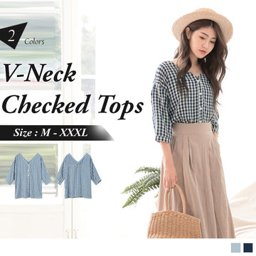 3/4 SLEEVE WIDE V-NECK CHECKED BUCKLE TOPS