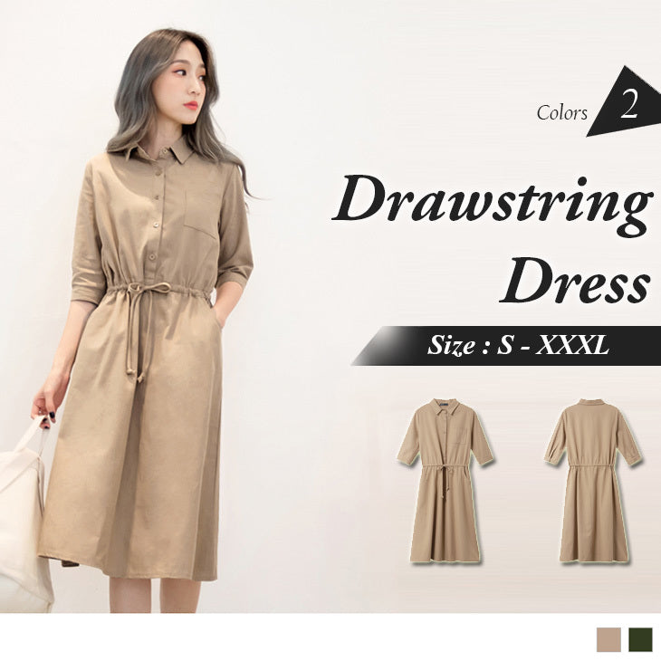 3/4 SLEEVE DRAWSTRING SHIRT DRESS