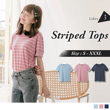 SHORT SLEEVE STRIPED KNITS TOPS