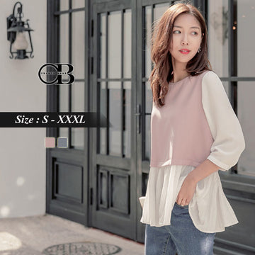 3/4 SLEEVE PLEATED HEM CHIFFON TOPS