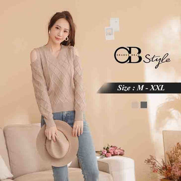 ORANGEBEAR V NECK CUTOUT SHOULDER KNIT TOPS