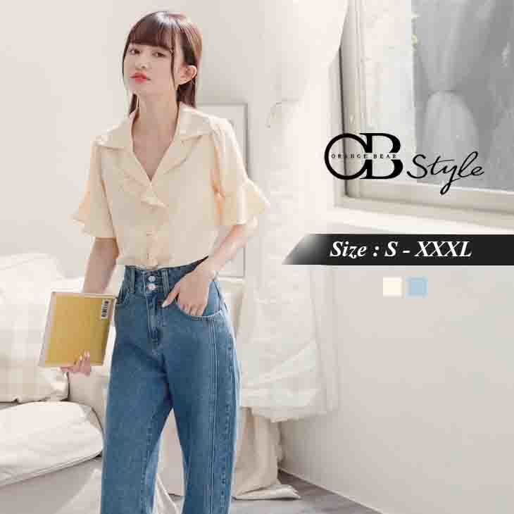 ORANGEBEAR RUFFLE SLEEVE CHIFFON TOPS 2 COLORS S-XXXL SIZE PLUS SIZE