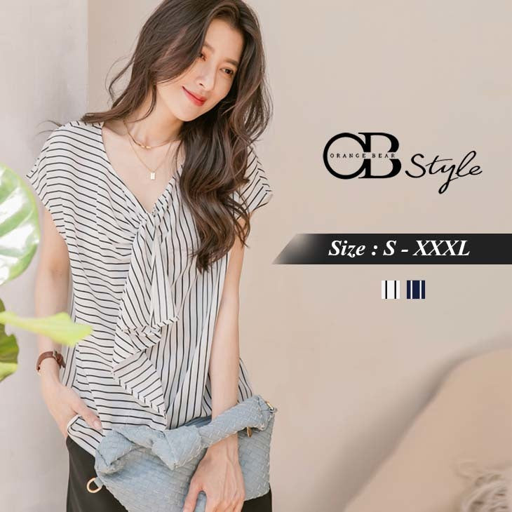 STRIPED-RUFFLE SLEEVE TOPS