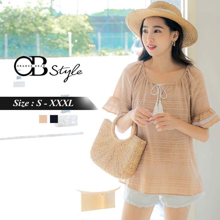 ORANGEBEAR STRIPED RUFFLE SLEEVE TOPS