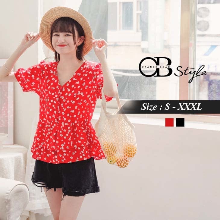 ORANGEBEAR V-NECK PRINTED CHIFFON TOPS