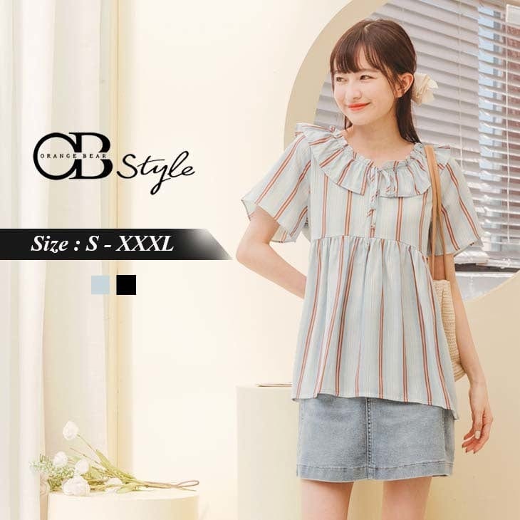 ORANGEBEAR RUFFLE COLLAR STRIPED TOPS