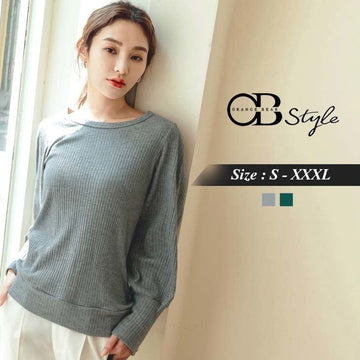 ROUND NECK KNIT PIT STRIPE LONG PUFF SLEEVE TOPS