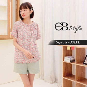 PRINTED ROUND NECK SHORT SLEEVE BOWKNOT TOPS