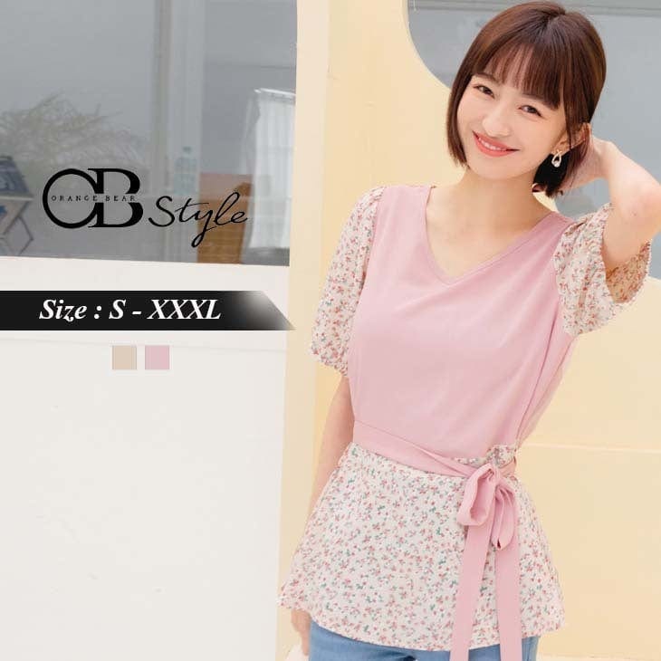 V-NECK CHIFFON PATCHED A-LINE SHORT SLEEVE TOPS