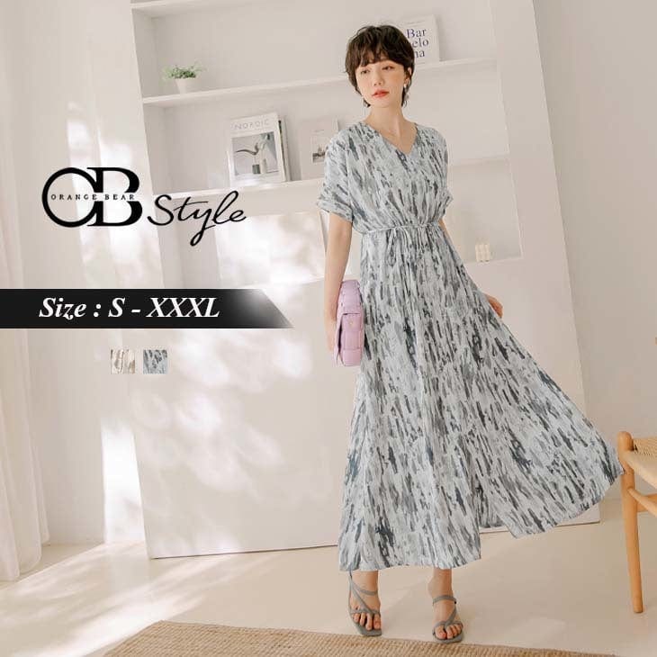 PRINTED SHORT SLEEVE ELASTIC WAIST V-NECK MAXI DRESS