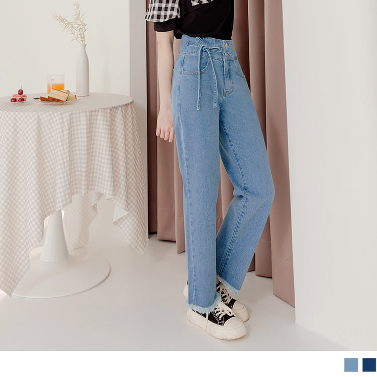 BOW HIGH WAIST FRAYED HEM DENIM PANTS