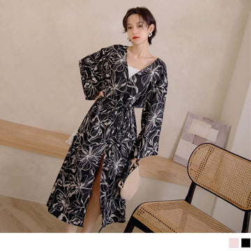 LONG SLEEVE FLORAL CHIFFON LONGLINE CARDIGAN