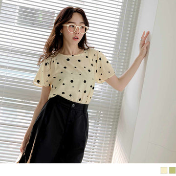 ASYMMETRICAL POLKA DOTS A-LINE SHORT SLEEVE TOPS