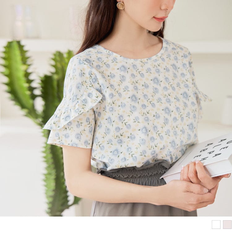 ROUND NECK FLORAL PRINTED RUFFLE SLEEVE TOPS