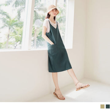 COTTON V-NECK SPAGHETTI STRAP SLEEVELESS DRESS