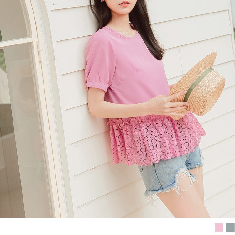 RUFFLE HEM ROUND NECK LACE PUFF SLEEVE TOPS