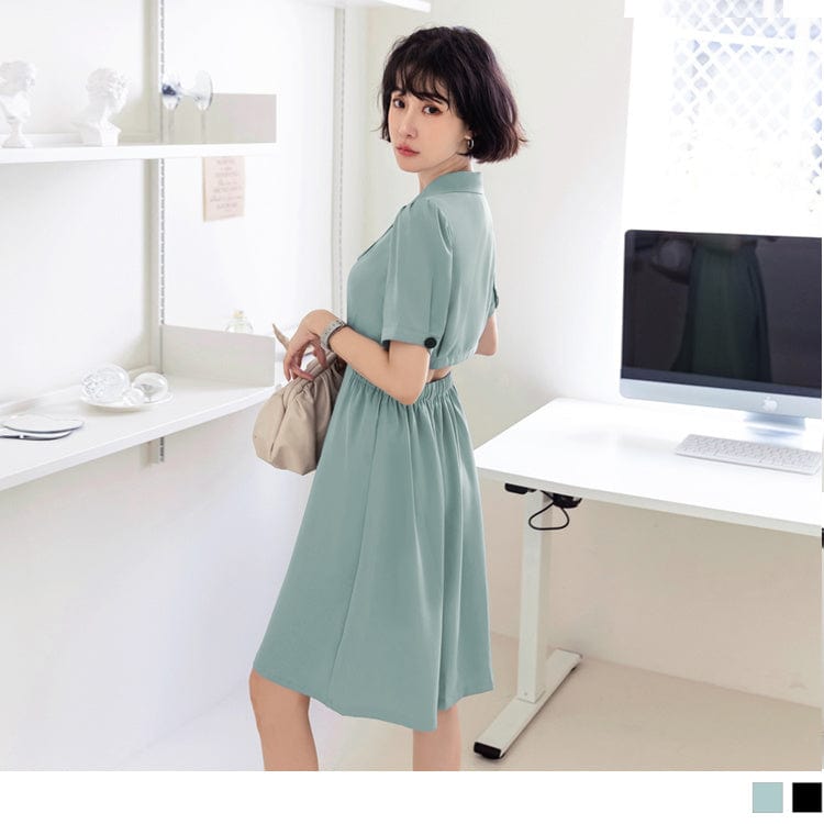 CHIFFON SUIT COLLAR ELASTIC WAIST A-LINE DRESS