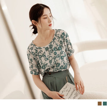 ROUND NECK PRINTED PUFF SLEEVE CHIFFON TOPS