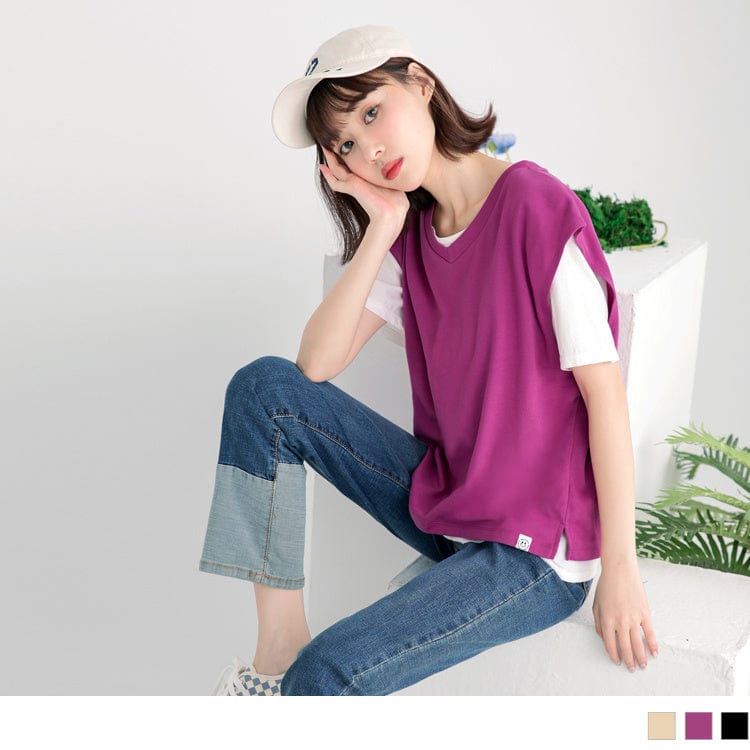 V-NECK CAP SLEEVE DROP SHOULDER COTTON TOPS