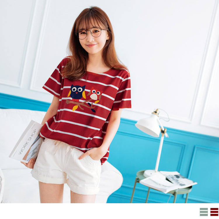 ANIMAL PRINTED DROP SHOULDER STRIPED COTTON TOPS