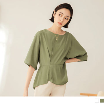 BATWINGS SLEEVE BOAT NECK DIP HEM ELASTIC WAIST TOPS