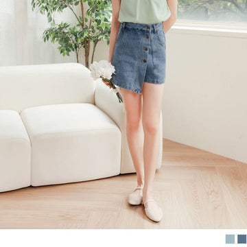 COTTON BUTTON WASHED ASYMMETRICAL MINI SKORTS