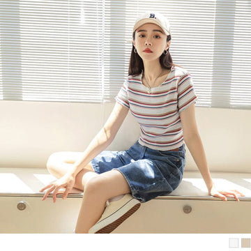 CONTRAST COLOR PIT STRIPE COTTON CROP KNIT TOPS